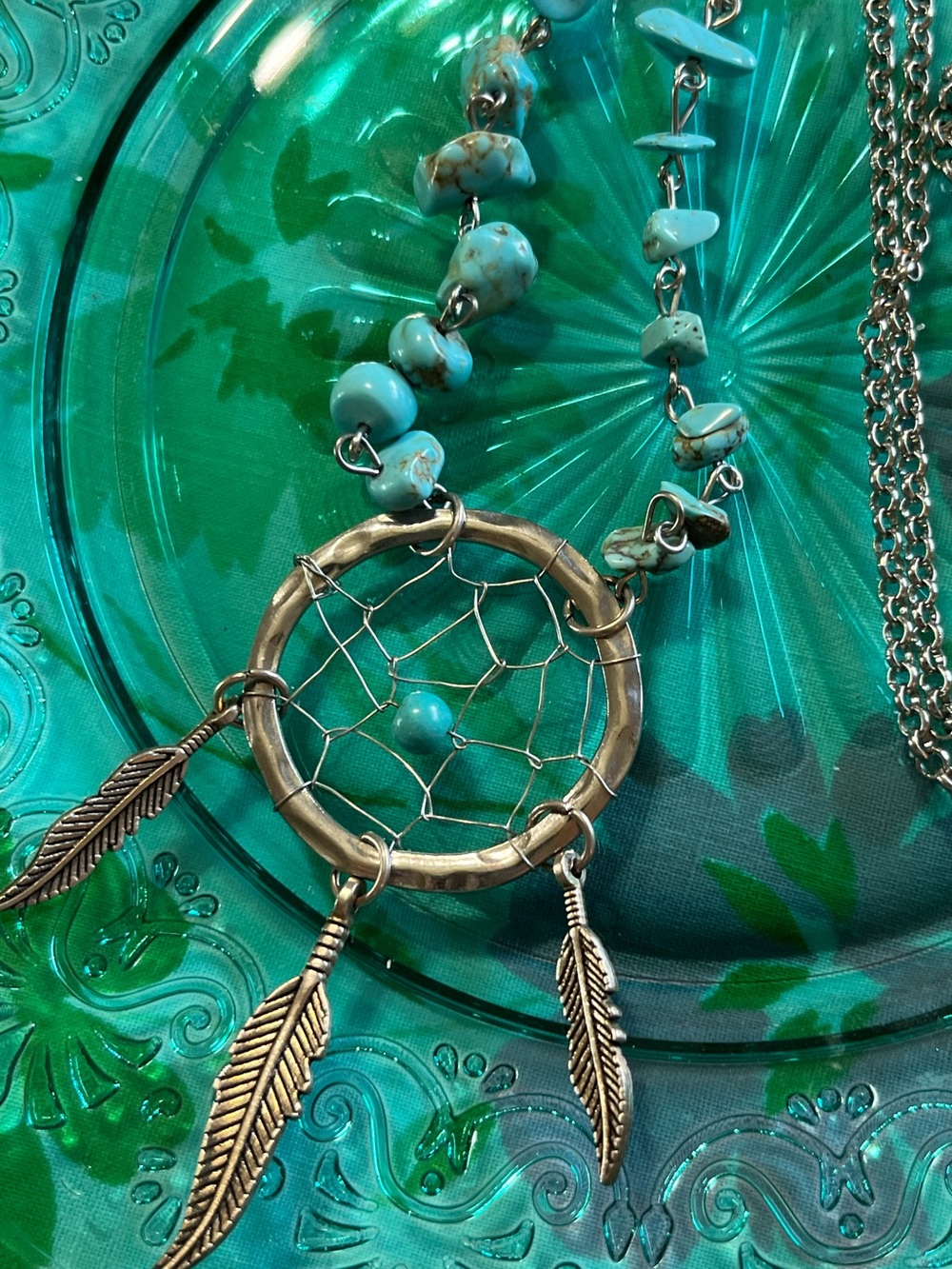 Vintage Native Style Turquoise Chip Dreamcatcher Silver Tone Metal Necklace